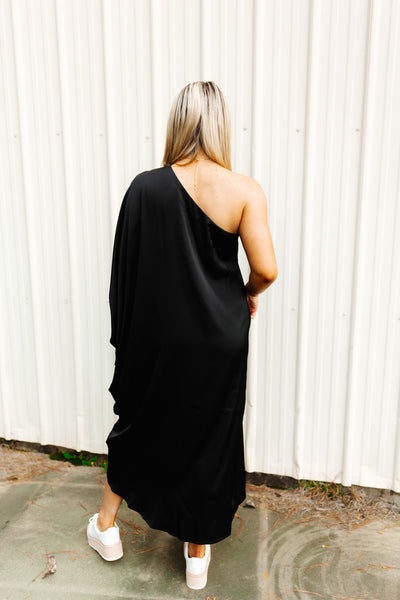 Black Drape Sleeve One Shoulder Midi Dress