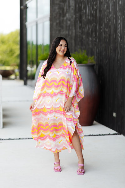 Adrienne Coral Abstract Caftan Dress
