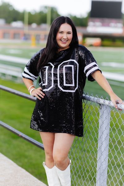 Black Sequin Game Day Jersey Dress