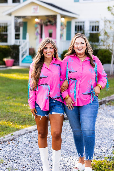Hot Pink and Blue Sequin Cowboy Boots Button Down