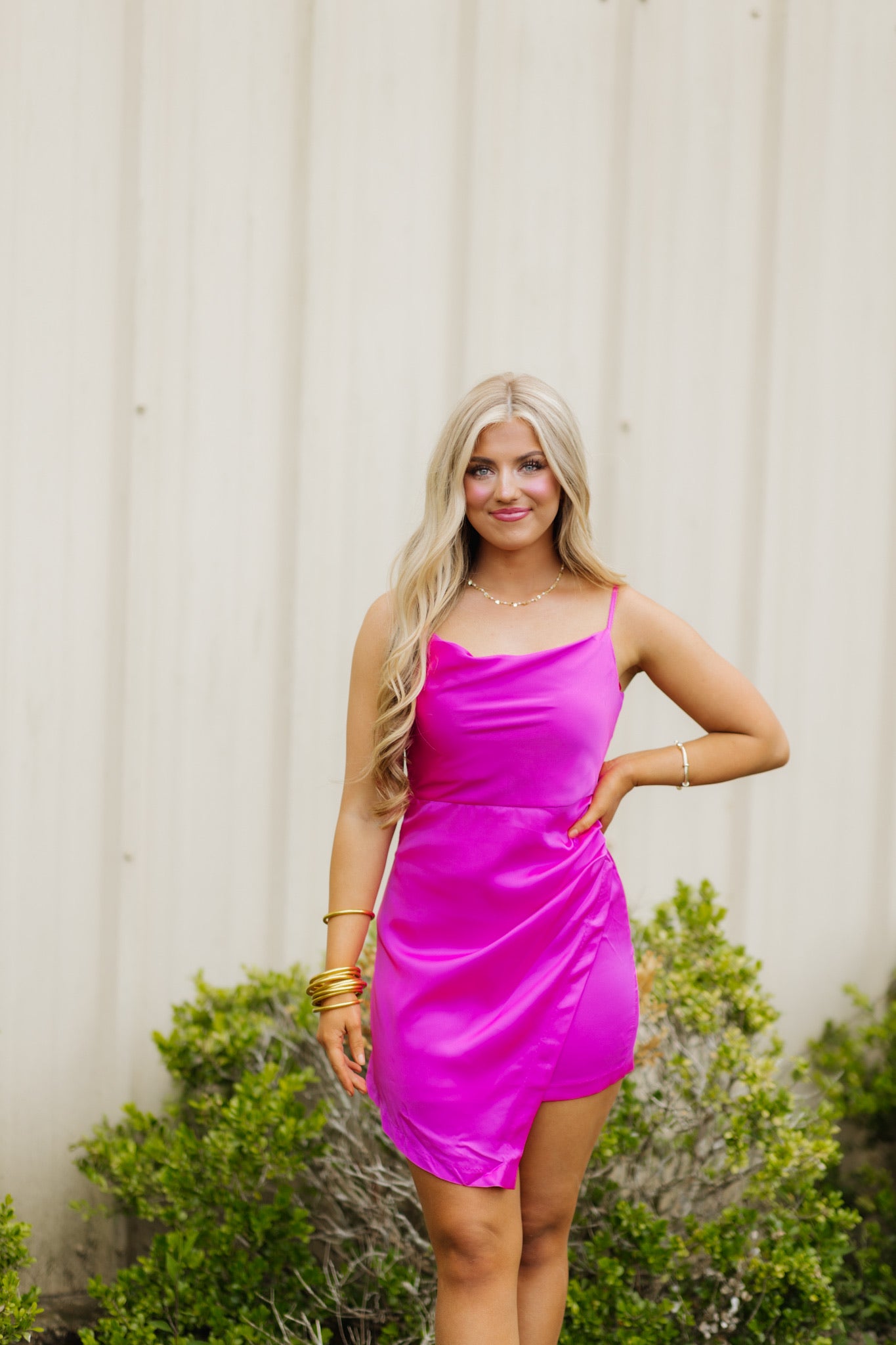 Magenta Cowl Neck Asymmetric Ruched Side Dress