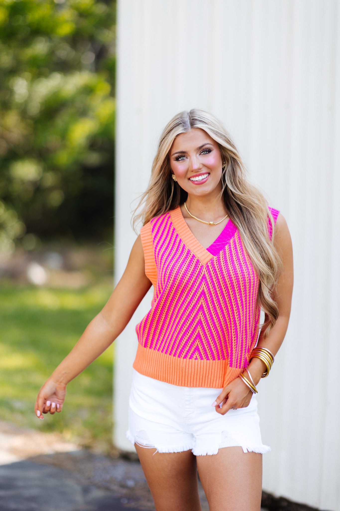 Hot Pink and Tangerine Colorblock Knit Top