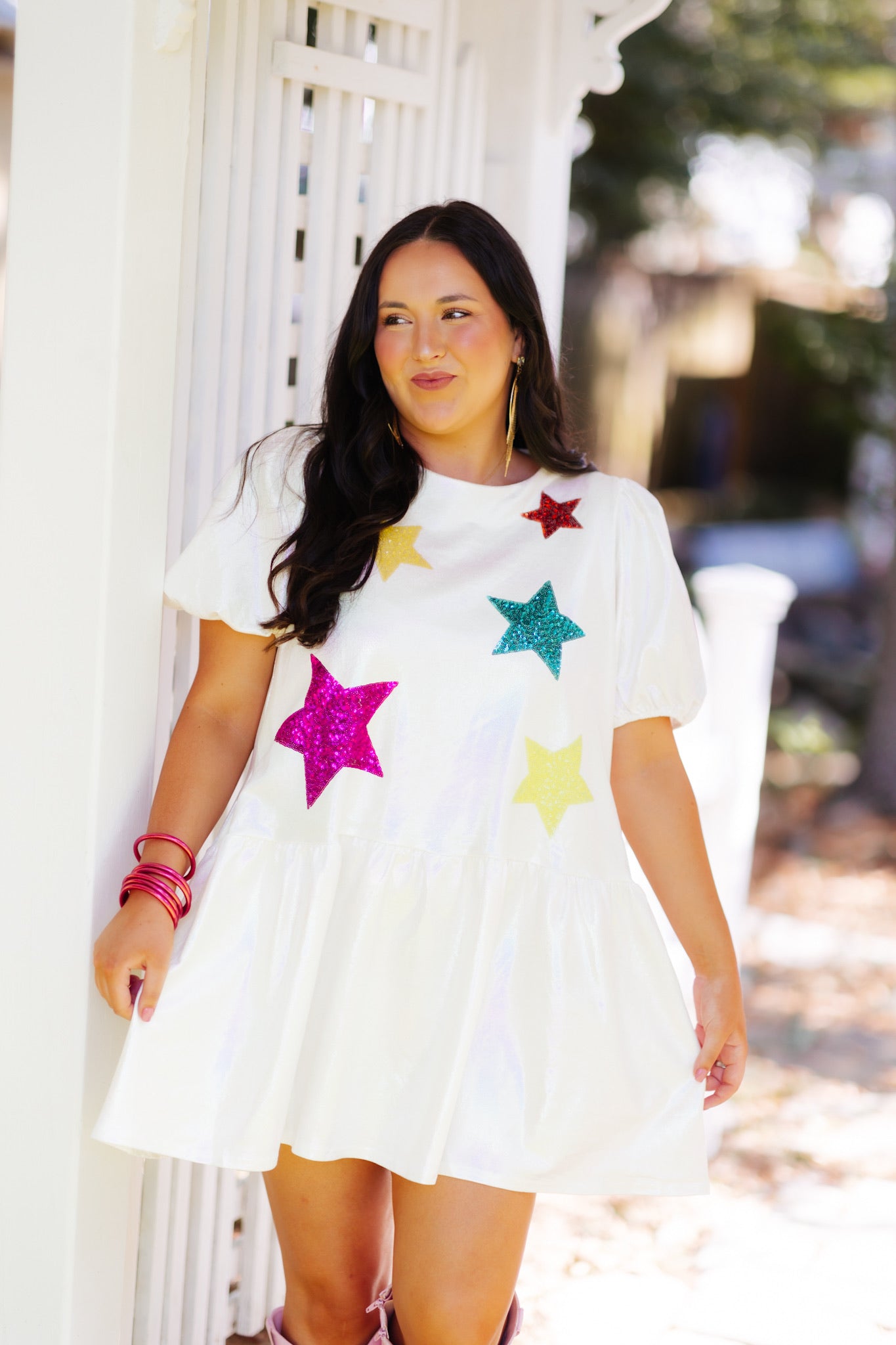 Pearlescent Multi Sequin Star Patch Mini Dress