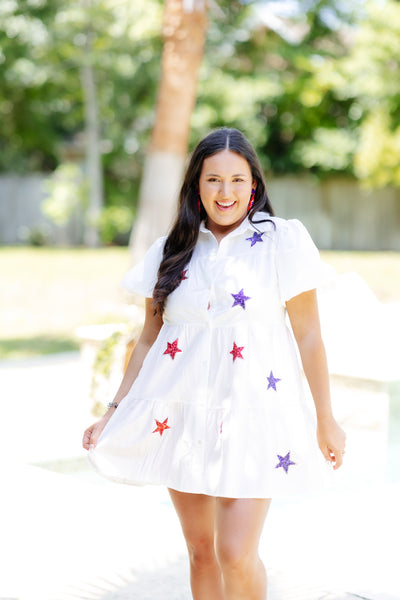 White Star Sequin Patch Button Down Dress