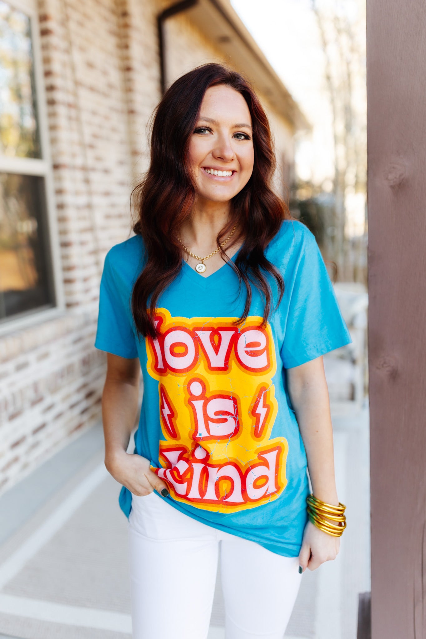 Bright Blue V-Neck Love is Kind Graphic Tee