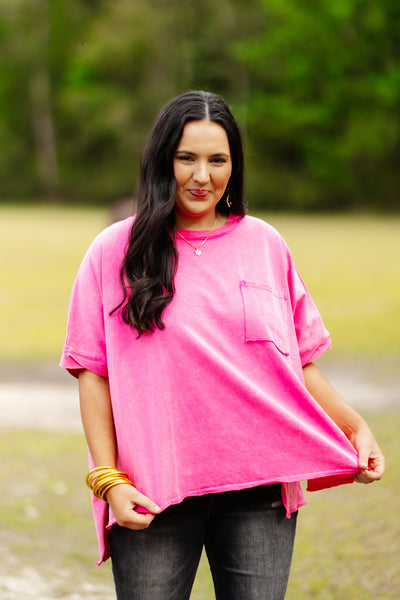 Washed Pink Contrast Loose Fit Pocket Tee
