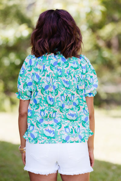 Green Mix Floral Smocked Blouse