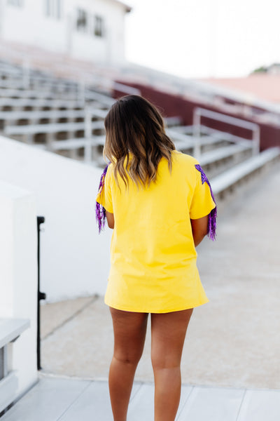 Gold Game Day Sequin Louisiana Stars and Fringe Tee