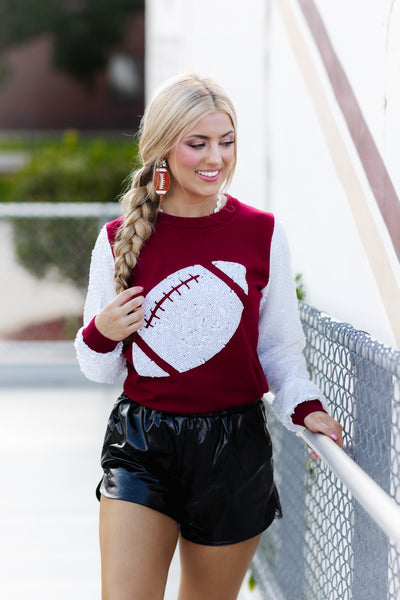 Crimson and White Sequin Sleeve Football Knit Top