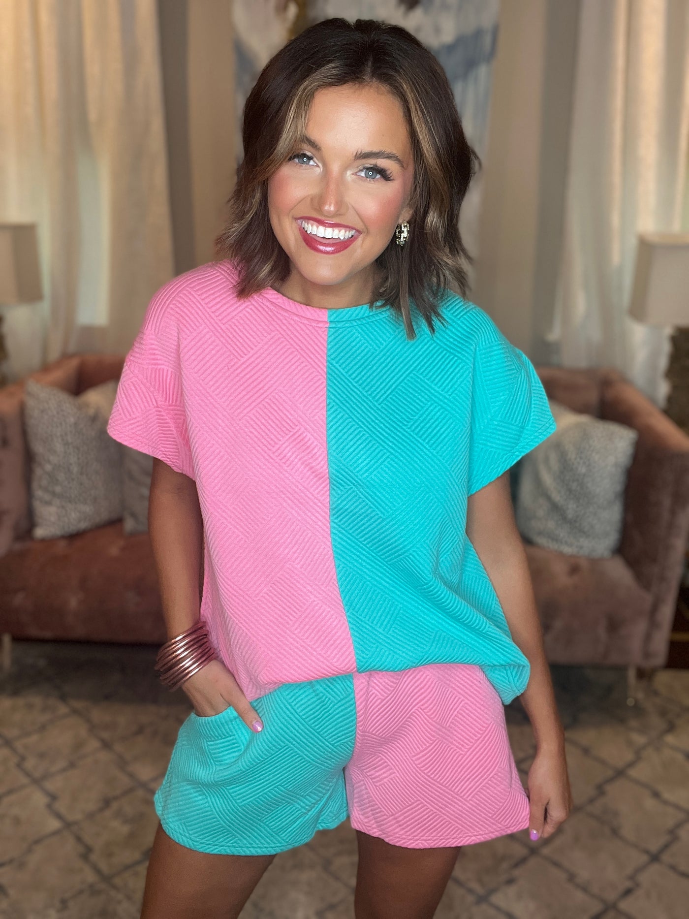 Turquoise and Bubblegum Colorblock Textured Top and Short Set