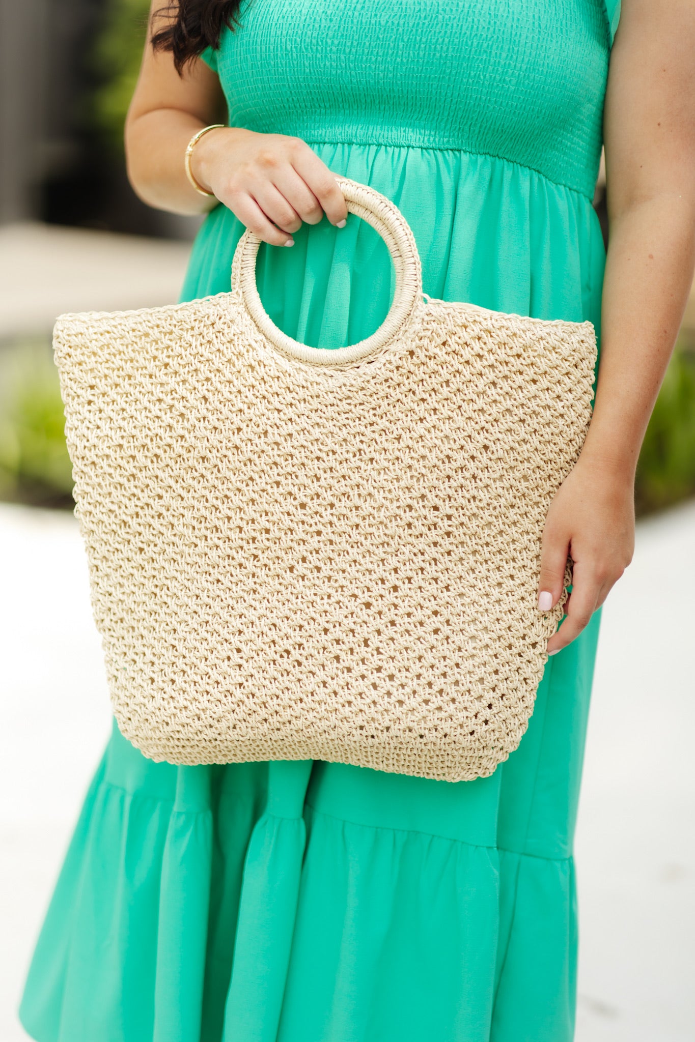 Ivory Knit Round Handle Tote Bag