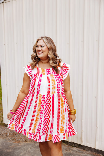 Tangerine and Pink Knit Patterned Ruffle Dress